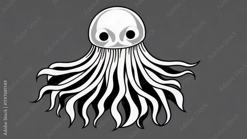Creative black and white illustration of an octopus with unique facial features and flowing tentacles Creative black and white illustration of an octopus with unique facial features and flowing tentacles