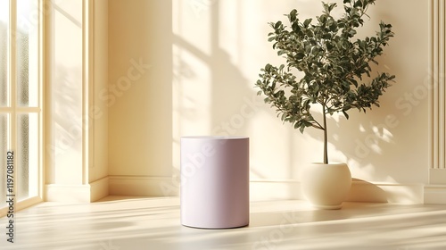 Cylindrical pastel podium near window with soft shadows