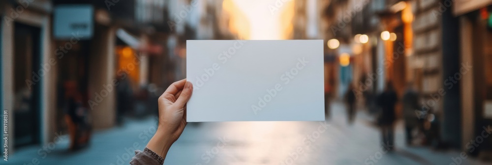 Hand holding a blank card in a bustling street during sunset with warm light illuminating the surroundings. Generative AI