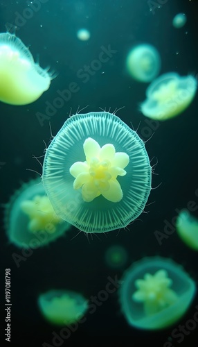 Mesmerizing jellyfish with intricate details, glowing in a dark blue underwater environment.  Their translucent bodies and delicate tentacles create an ethereal scene. photo