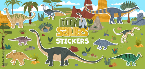 Stickers pack of prehistoric giant dinosaur characters in tropical Jurassic era landscape. Vector patches with cartoon dino animals in the ancient world showcase primordial wild life on the Earth