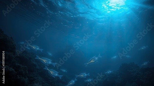 Wallpaper Mural An underwater seascape in a deep abyss, bathed in the ethereal glow of a blue sun. Bioluminescent creatures radiate vibrant colors Torontodigital.ca