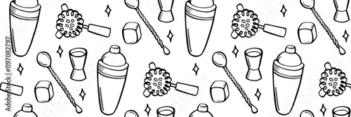 Bartender cocktail equipment seamless pattern. Background for bar, menu, web, logo. Stirring spoon jigger, shaker, Hawthorne strainer doodle illustration. Sketch style vector outline illustration.