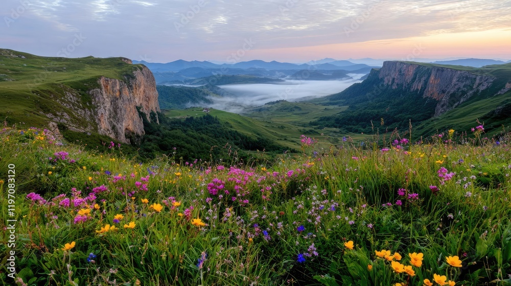 Fototapeta premium Sunrise over misty mountain valley wildflowers