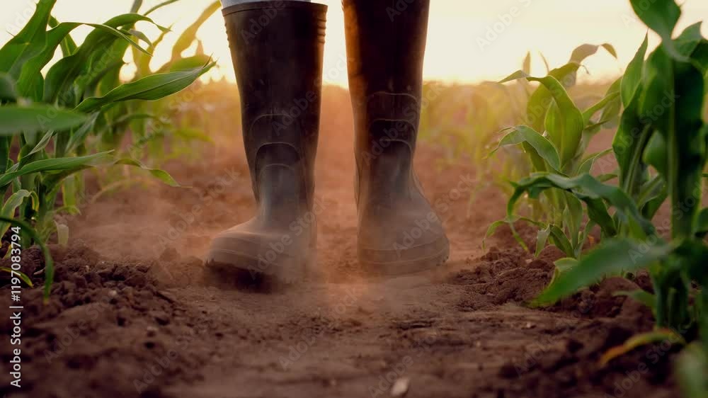 green leaf sprouts, corn field, man worker boots walks green sprouts corn, agriculture, farmer rubber boots walks through fertile field sunset, boots raising dust, business growing leaf green sprout green leaf sprouts, corn field, man worker boots walks green sprouts corn, agriculture, farmer rubber boots walks through fertile field sunset, boots raising dust, business growing leaf green sprout