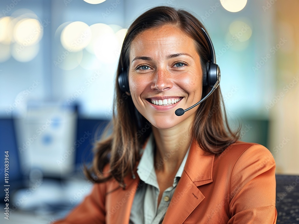 Smiling business woman with headset in call center Smiling business woman with headset in call center