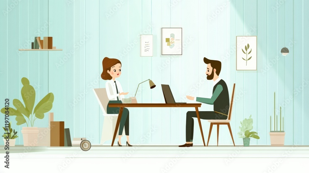 Modern Office Meeting Between Two Colleagues in Bright and Minimalist Workspace with Indoor Plants Modern Office Meeting Between Two Colleagues in Bright and Minimalist Workspace with Indoor Plants