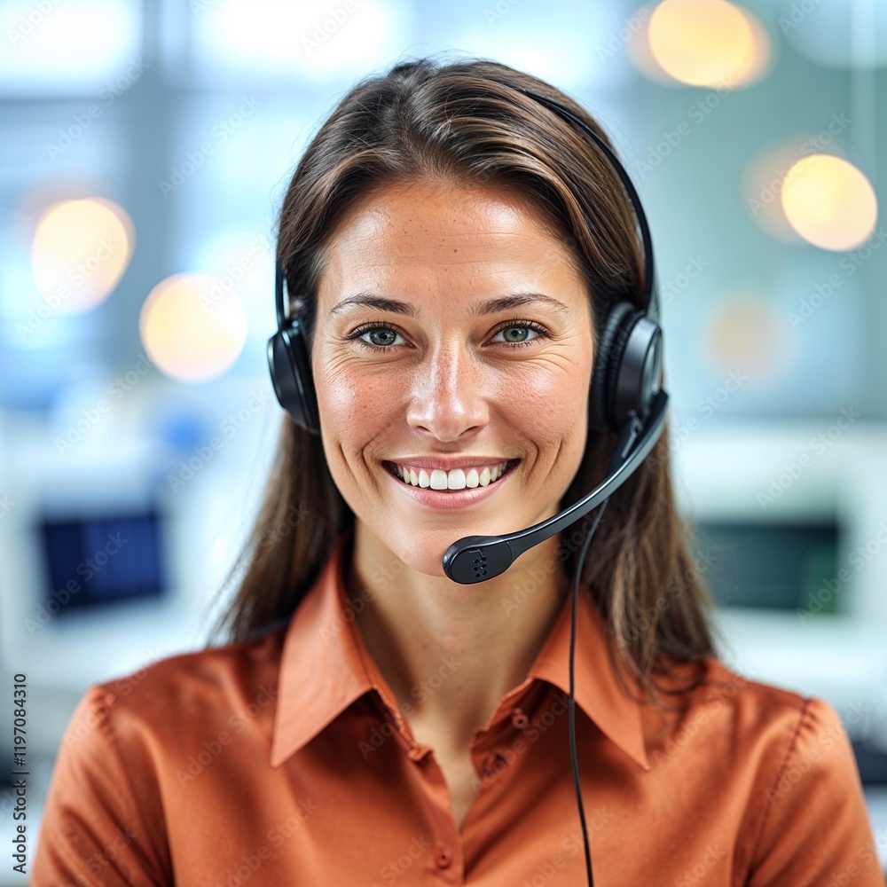 Smiling business woman with headset in call center Smiling business woman with headset in call center