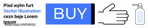 Buy button icon in blue color, hand icon, sanitizer spray bottle. Ideal for e-commerce, online shopping, add to cart, checkout, transactions, buying process, retail. Landing page