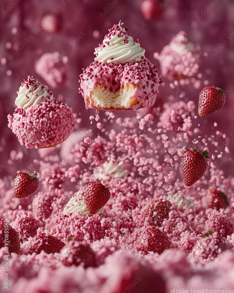 Delicious strawberry donuts with whipped cream, suspended in mid-air amidst a flurry of pink sprinkles and fresh strawberries. A vibrant, sweet image perfect for food blogs, magazines, and advertising Delicious strawberry donuts with whipped cream, suspended in mid-air amidst a flurry of pink sprinkles and fresh strawberries. A vibrant, sweet image perfect for food blogs, magazines, and advertising