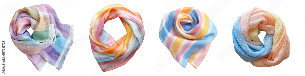 Fototapeta premium Colorful scarves displayed on a transparent background.