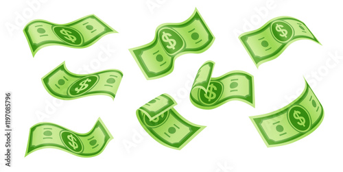 Flying cartoon dollar banknotes or money cash bills of paper currency, vector icons. Floating green banknotes with dollar sign for casino jackpot win bonus, money rich wealth and financial success