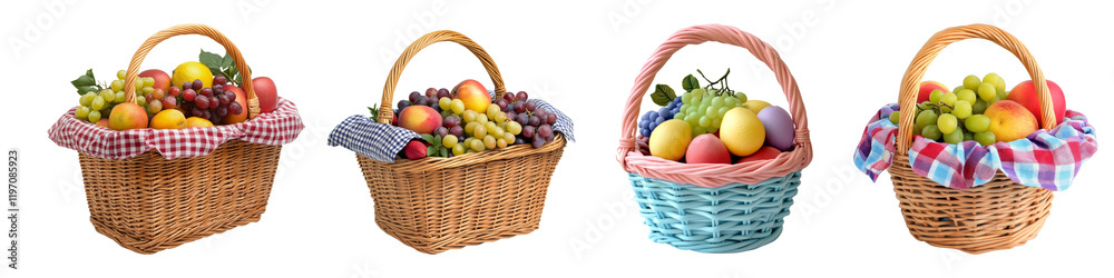 Four baskets filled with colorful fruits on a transparent background. Four baskets filled with colorful fruits on a transparent background.