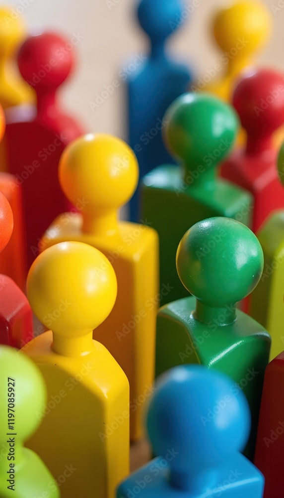 Obraz premium Colorful wooden figures arranged closely together, creating a vibrant and diverse group.