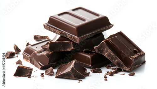 Rich Dark Chocolate Chunks Stacked on White Background with Shattered Pieces Highlighting Delicious Texture and Irresistible Sweet Treat for Dessert Lovers and Confectionery Enthusiasts