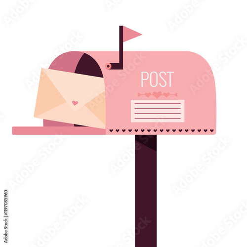 A cute pink classic mailbox for love letters. Love postbox with letter. Mailbox for sending valentines. Lovely design for Valentine's day greeting and invitation card.