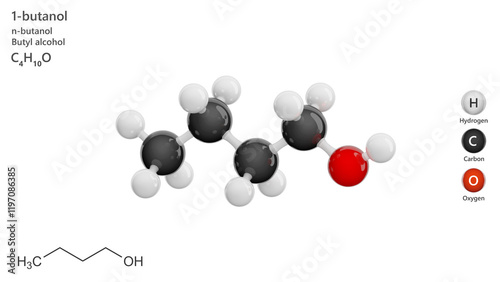 Molecule: 1-Butanol or Butyl alcohol. Molecular structure. Formula: C4H10O. Chemical model: Ball and stick. White background. 3D illustration. photo
