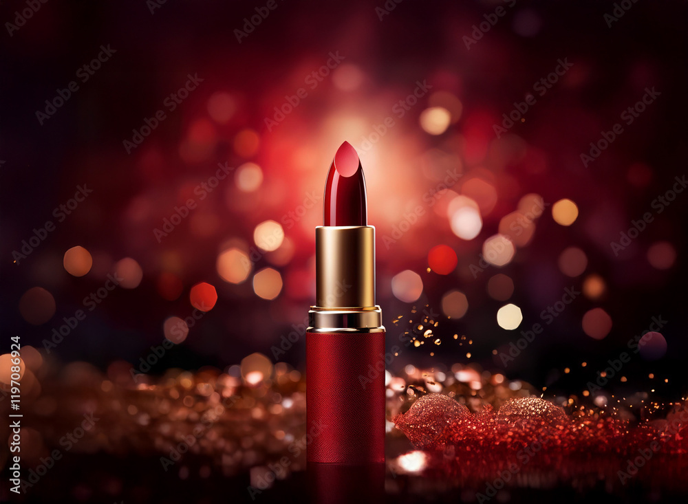 A single tube of rich crimson lipstick stands elegantly against a bokeh background of warm red and gold. Sparkling glitter surrounds its base. A single tube of rich crimson lipstick stands elegantly against a bokeh background of warm red and gold. Sparkling glitter surrounds its base.