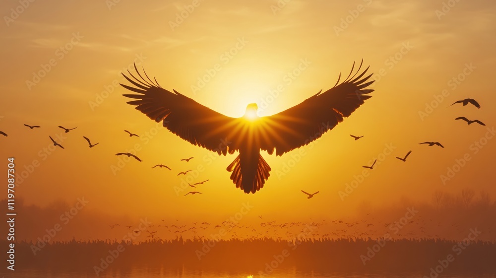 Obraz premium Majestic Eagle Soaring Above Sunset Flock Birds Golden Sky