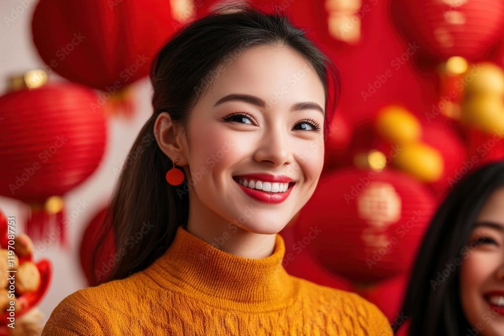 Joyful woman smiling in a festive setting with red lanterns, celebrating cultural traditions and happiness together Joyful woman smiling in a festive setting with red lanterns, celebrating cultural traditions and happiness together