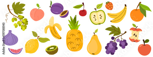 Doodle fruits. Natural tropical fruit citrus orange and vitamin lemon, apple, peach, cherry, strawberry, pineapple. Organic fruits or vegetarian food. Vector isolated hand draw illustration set