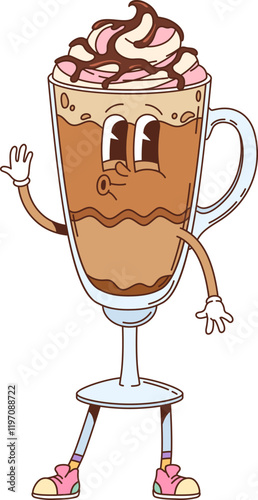 Groovy fast food ice cream dessert character. Cafe cold icy dessert meal or drink with whipped cream and chocolate topping groovy vector personage. Sweet milkshake beverage cup cheerful character