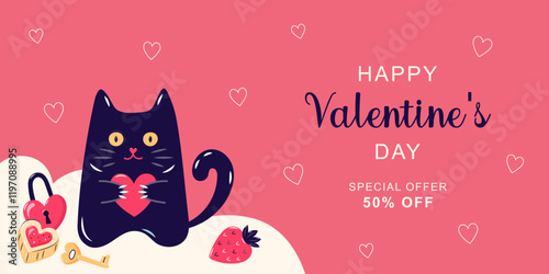 Happy Valentine's Day horizontal banner for sale. Cute cat holding pink heart. Simple cute greeting card. Vector illustration.