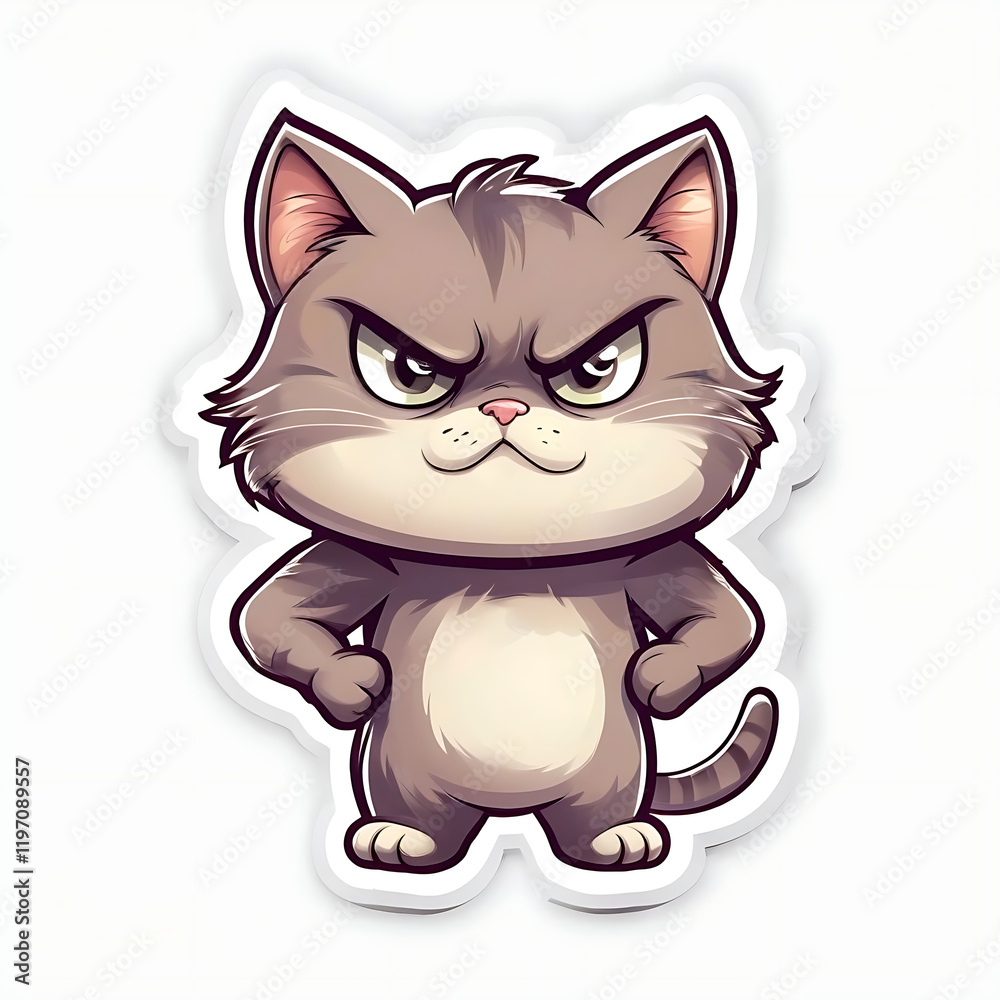 A mischievous cartoon cat with a grumpy expression stands confidently with its paws on its hips.

