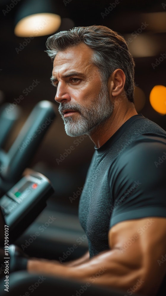 Mature athlete warming up treadmill while exercising in gym. Generative AI Mature athlete warming up treadmill while exercising in gym. Generative AI