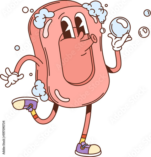 Cartoon groovy soap bar character with bubbles and foam, expressing relaxed and carefree y2k vibes. Isolated vector playful cleaning and washing retro personage for hygiene, cleanliness, personal care
