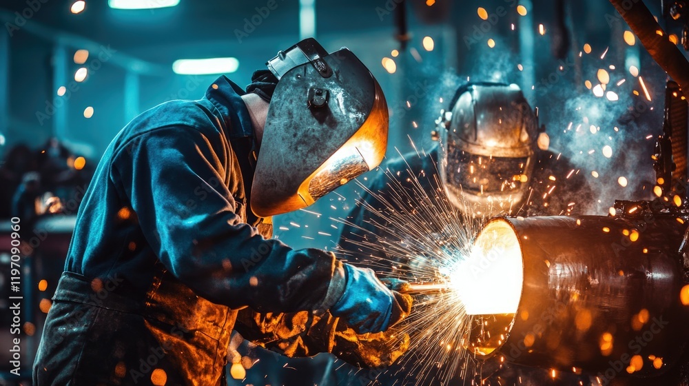 Intense welding scene with sparks flying, showcasing skilled cra Intense welding scene with sparks flying, showcasing skilled cra