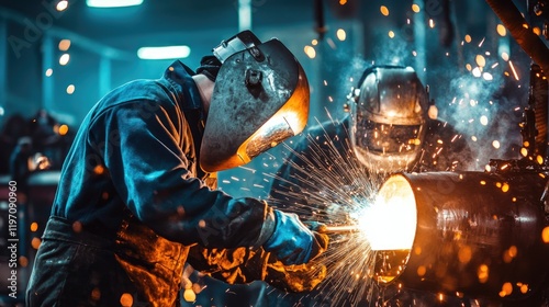 Intense welding scene with sparks flying, showcasing skilled cra photo