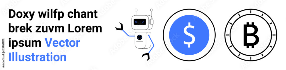 Robot with square head and antenna hands, a blue dollar sign in a blue circle, and a Bitcoin symbol in outlined circle. Ideal for technology, finance, digital currency, AI, automation, robotics Robot with square head and antenna hands, a blue dollar sign in a blue circle, and a Bitcoin symbol in outlined circle. Ideal for technology, finance, digital currency, AI, automation, robotics