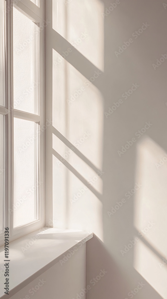 Fototapeta premium Sunlight streams through the window, illuminating a modern, empty interior space with soft shadows.