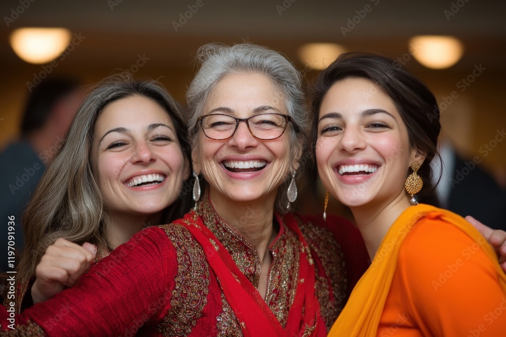 Joyful Family Celebration with Three Generations of Women Smiling Together in Traditional Attire Joyful Family Celebration with Three Generations of Women Smiling Together in Traditional Attire
