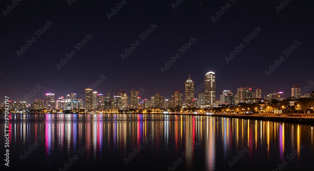 Fototapeta premium Nighttime city skyline with vibrant lights reflecting in the water along the waterfront 
