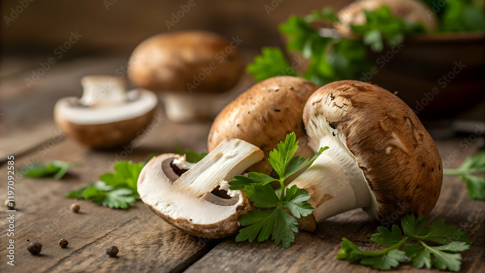 Brown Mushrooms with Parsley on Wooden Surface Nice Photography Brown Mushrooms with Parsley on Wooden Surface Nice Photography