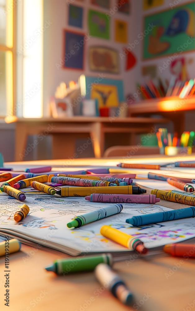 Fototapeta premium Crayons and coloring books scattered on a child s desk, 3D illustration