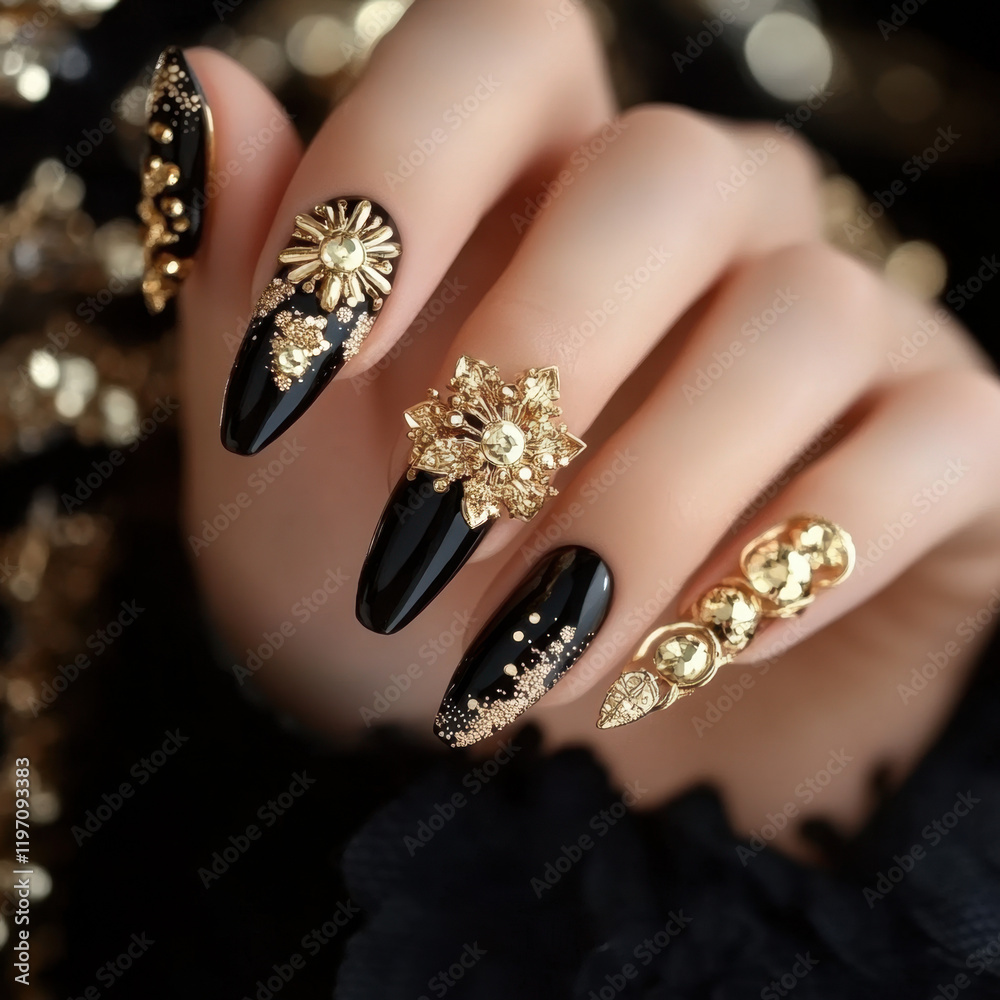 Elegant Female Manicure with Gold Bijouterie Accents Elegant Female Manicure with Gold Bijouterie Accents