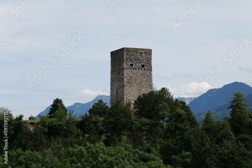 Burg Turmruine ragt aus dem Wald hervor, Alpen Berge im Hintergrund