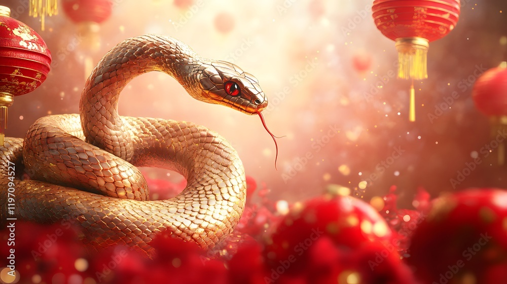 Snake with firecrackers Chinese New Year 2025 banner with a coiled snake, red firecrackers, golden lanterns, vibrant celebratory mood Snake with firecrackers Chinese New Year 2025 banner with a coiled snake, red firecrackers, golden lanterns, vibrant celebratory mood