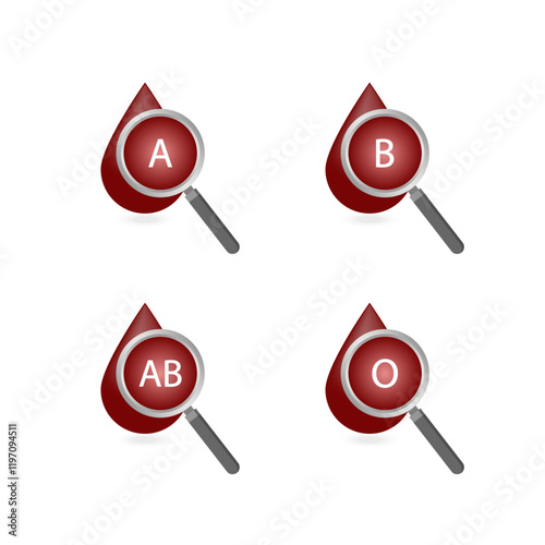 ABO Blood groups. four blood types, A,B, AB and O groups, made up from combinations of the type A and type B antigens. Blood donation. Blood droplets. Vector illustration.
