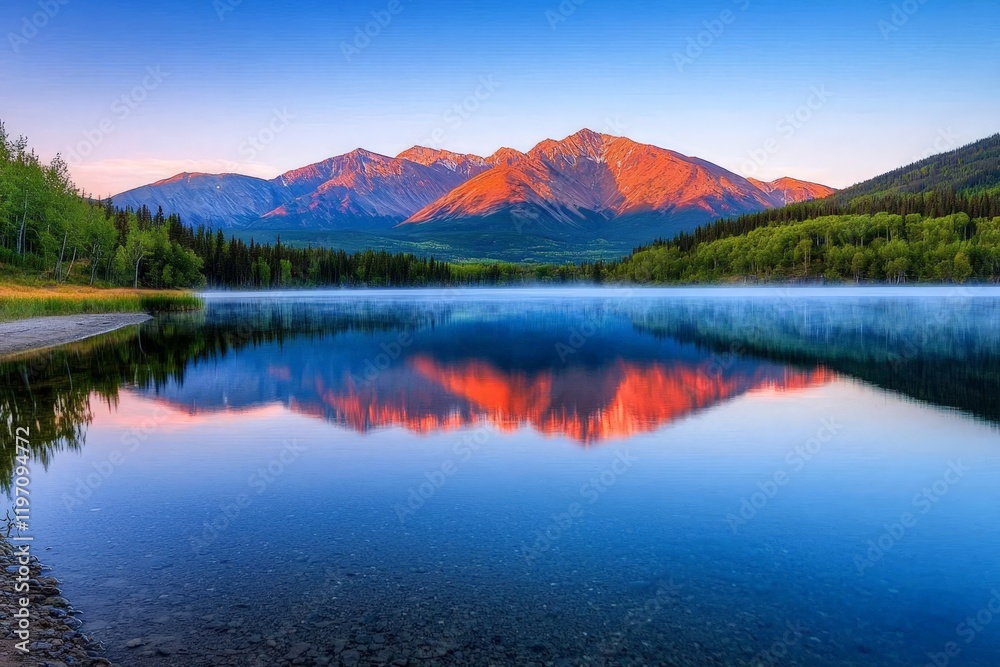 Fototapeta premium Tranquil Alpine Lake Reflecting Vivid Colors of Sunrise with Majestic Mountains in Background Creating a Serene Natural Landscape Scene