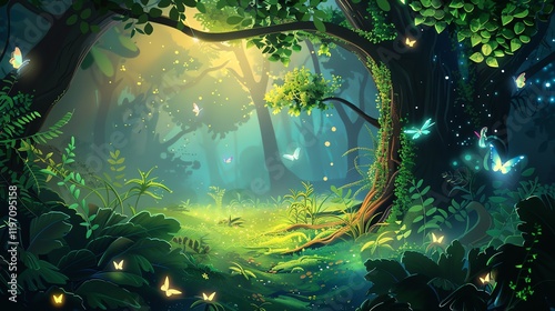 A whimsical illustration of a lush green forest with glowing butterflies.