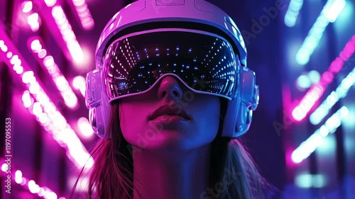 A woman experiences virtual reality, surrounded by colorful neon lights in a high tech setting while wearing a futuristic VR headset