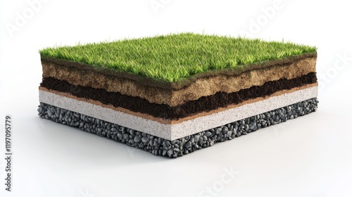 3D Render of Cross Section with Grassy Top Layer and Soil Layers