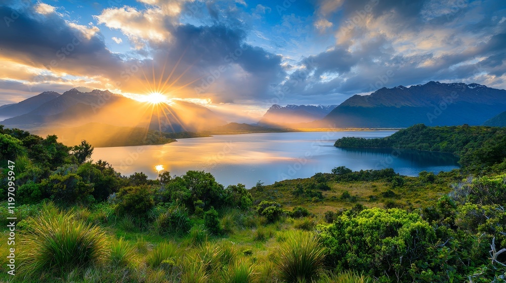 Obraz premium Gentle Rays of Sunlight Emerging Over a Tranquil Lake Surrounded by Lush Greenery and Majestic Mountains Under a Vibrant Sky at Dawn
