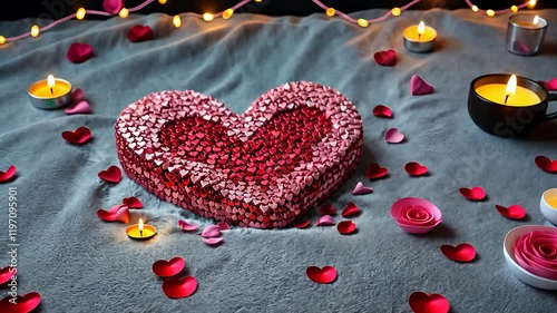 Heart-Shaped Decoration with Red Petals and Candles on a Cozy Fabric Background in a Romantic Candlelit Setting

 photo