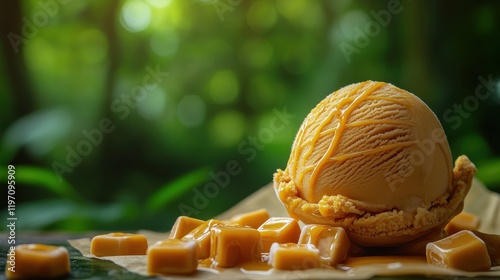 a stunning food photography image of a single butterscotch coloured ice cream scoop, surrounded with caramel square shaped candies and liquid caramel,