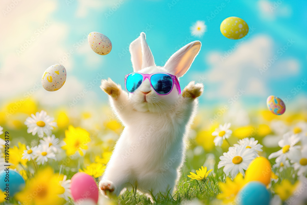 Fototapeta premium playful white bunny with colorful eggs and vibrant daisies in a cheerful spring field